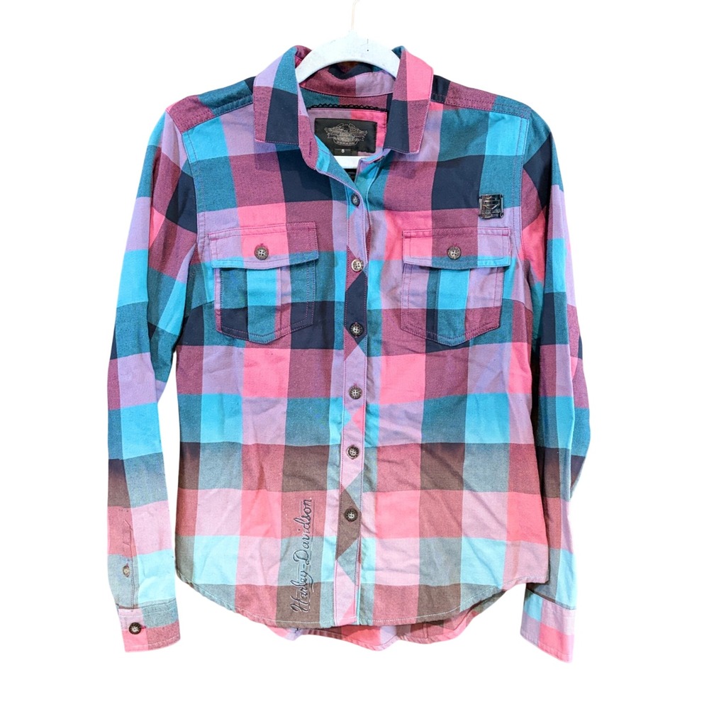 Harley-Davidson Black Label Pink Teal Plaid Embroidered Button Down Shirt Small